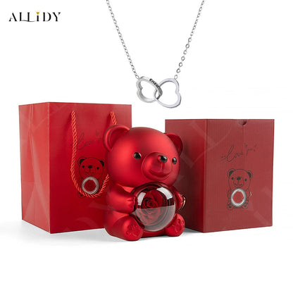 Allidy - Real Eternal Red Rose Teddy Bear Custom Name Necklace Jewelry Set Gift Box Christmas Valentine's Birthday Wedding Gift