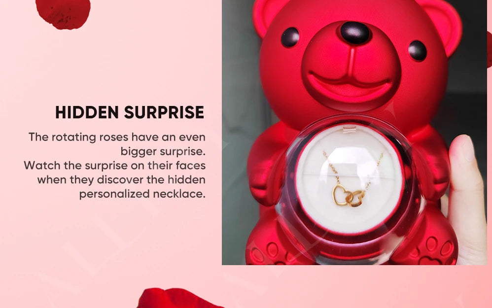 Allidy - Real Eternal Red Rose Teddy Bear Custom Name Necklace Jewelry Set Gift Box Christmas Valentine's Birthday Wedding Gift