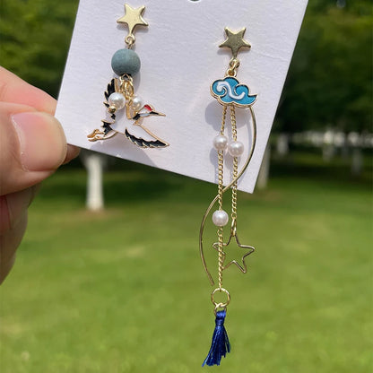 New Trend Blue Flower Dangle Earrings For Women Cute Animal Cat Rabbit Elephant Asymmetrical Earring Girls Party Jewelry Gifts