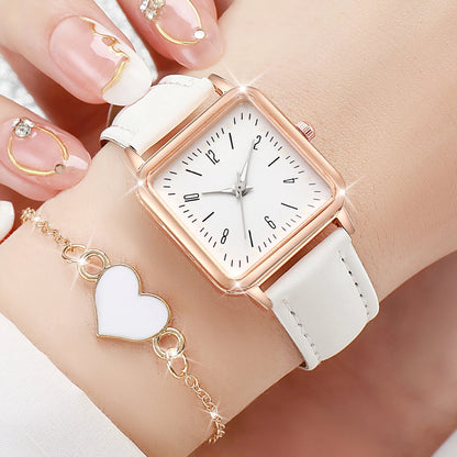 6PCS/Set Women's Watches Fashion Square Leather Band Quartz Watch Heart Bracelets Set（Without Box）