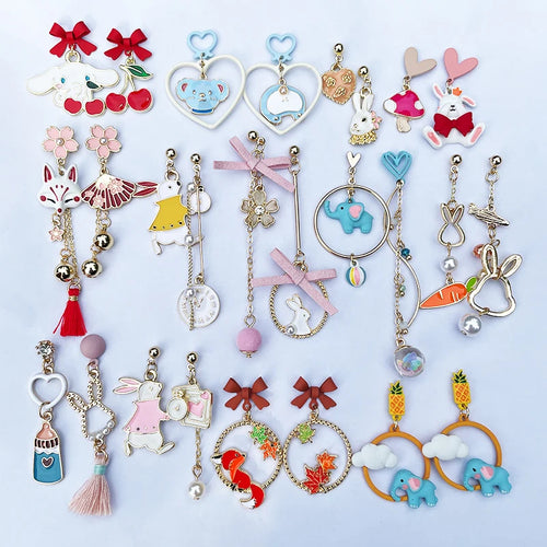 New Trend Blue Flower Dangle Earrings For Women Cute Animal Cat Rabbit Elephant Asymmetrical Earring Girls Party Jewelry Gifts