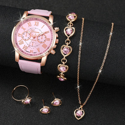 5PCS/Set Fashion Women Watch Rhinestone Heart Jewelry Set Geneva Watch Casual Leather Band Quartz Wristwatch（Without Box）