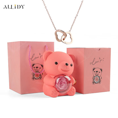 Allidy - Real Eternal Red Rose Teddy Bear Custom Name Necklace Jewelry Set Gift Box Christmas Valentine's Birthday Wedding Gift