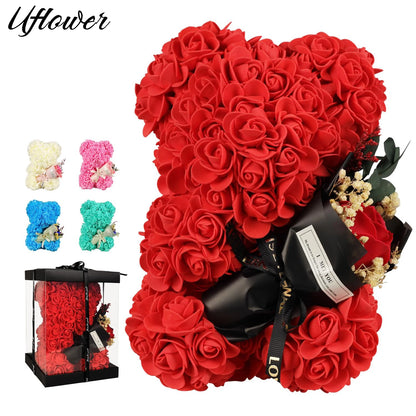 Artificial Rose Bear Flower Gift for Women Christmas Valentine's Day Birthday Anniversary Rose Flower Teddy Bear Wedding Party