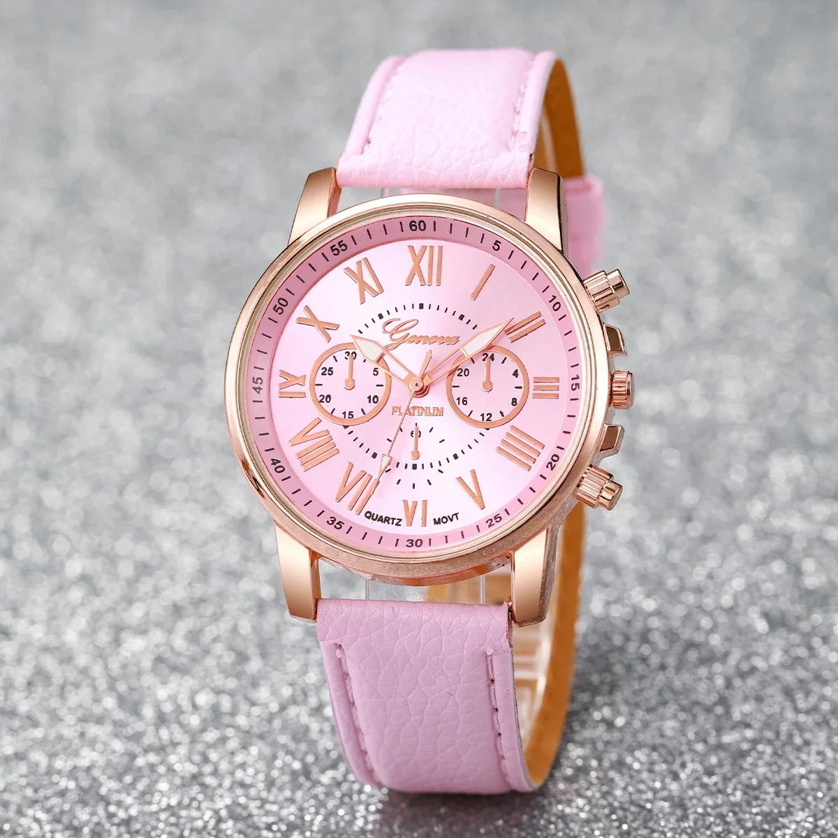 5PCS/Set Fashion Women Watch Rhinestone Heart Jewelry Set Geneva Watch Casual Leather Band Quartz Wristwatch（Without Box）