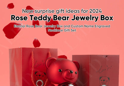 Allidy - Real Eternal Red Rose Teddy Bear Custom Name Necklace Jewelry Set Gift Box Christmas Valentine's Birthday Wedding Gift