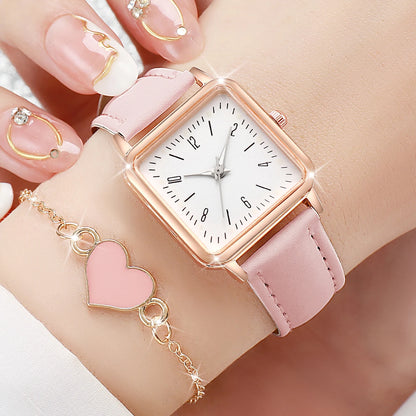 6PCS/Set Women's Watches Fashion Square Leather Band Quartz Watch Heart Bracelets Set（Without Box）