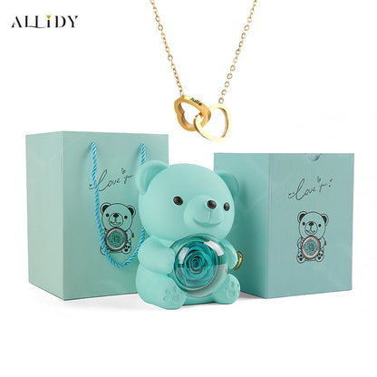 Allidy - Real Eternal Red Rose Teddy Bear Custom Name Necklace Jewelry Set Gift Box Christmas Valentine's Birthday Wedding Gift