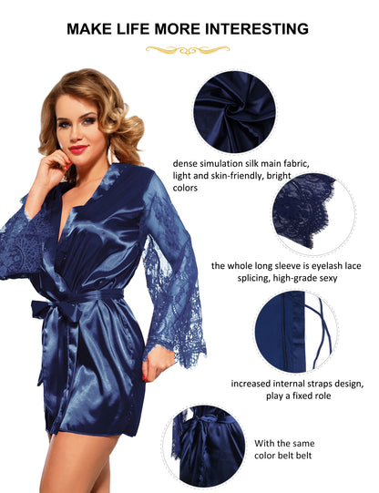 Ohyeahlady Solid Blue Silk Women's Nightie Sleepwear Floral Lace Nightgown Long Sleeve Robe Set Plus Size Sexy Babydoll Lingerie