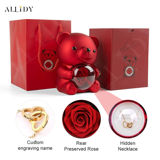 Allidy - Real Eternal Red Rose Teddy Bear Custom Name Necklace Jewelry Set Gift Box Christmas Valentine's Birthday Wedding Gift