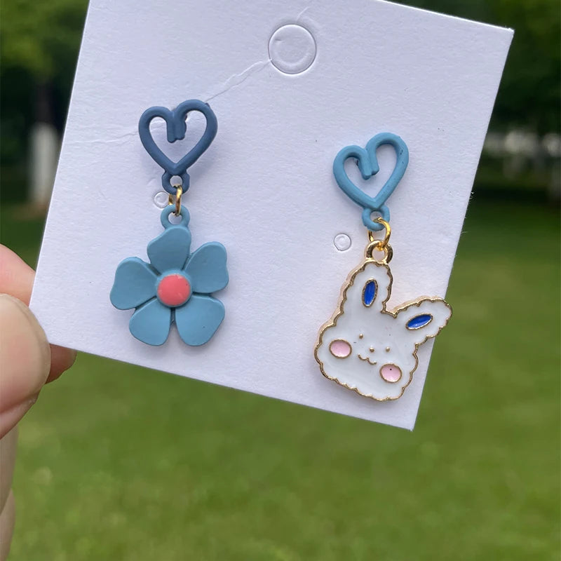 New Trend Blue Flower Dangle Earrings For Women Cute Animal Cat Rabbit Elephant Asymmetrical Earring Girls Party Jewelry Gifts