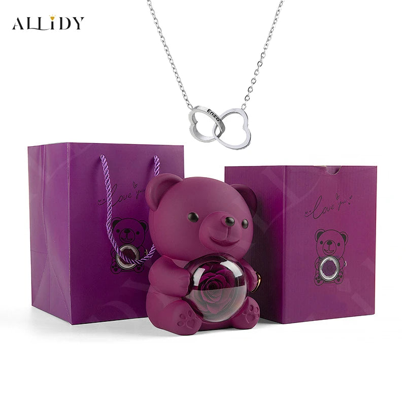 Allidy - Real Eternal Red Rose Teddy Bear Custom Name Necklace Jewelry Set Gift Box Christmas Valentine's Birthday Wedding Gift