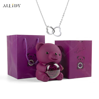 Allidy - Real Eternal Red Rose Teddy Bear Custom Name Necklace Jewelry Set Gift Box Christmas Valentine's Birthday Wedding Gift