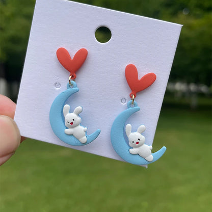 New Trend Blue Flower Dangle Earrings For Women Cute Animal Cat Rabbit Elephant Asymmetrical Earring Girls Party Jewelry Gifts