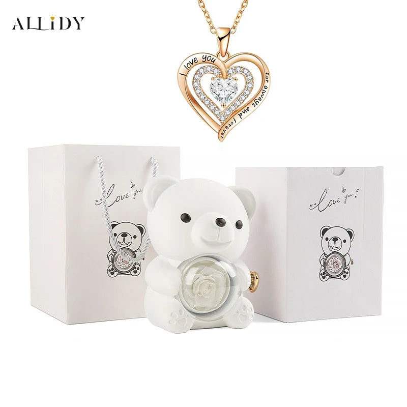 Luxury Red Zircon Pendant Necklaces With Rose Bear Gift Box For Girlfriend Women I Love You Gifts 2024 Trendy Wedding Jewelry