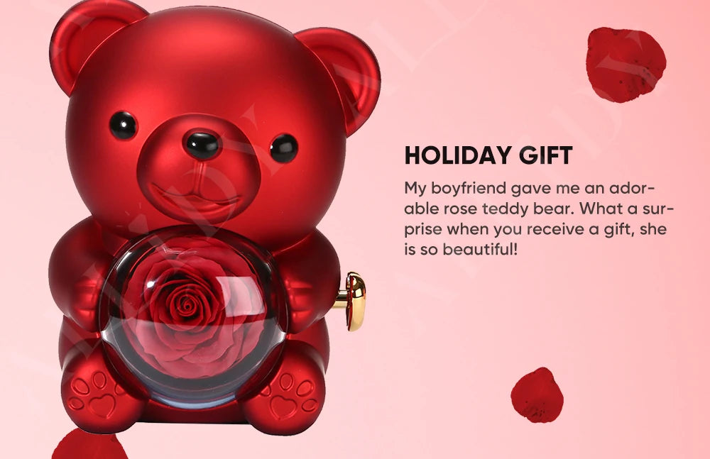 Allidy - Real Eternal Red Rose Teddy Bear Custom Name Necklace Jewelry Set Gift Box Christmas Valentine's Birthday Wedding Gift