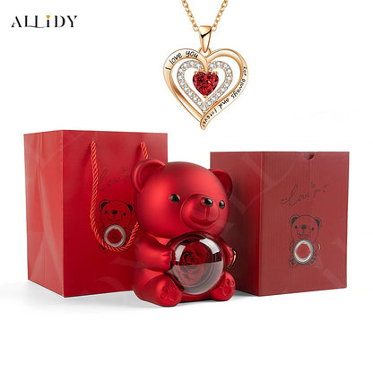 Luxury Red Zircon Pendant Necklaces With Rose Bear Gift Box For Girlfriend Women I Love You Gifts 2024 Trendy Wedding Jewelry