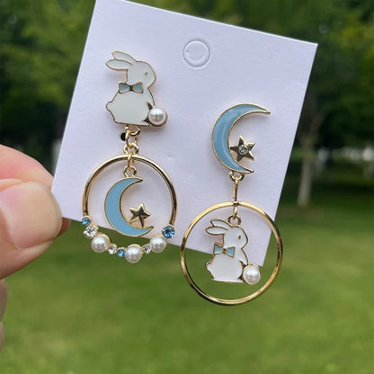 New Trend Blue Flower Dangle Earrings For Women Cute Animal Cat Rabbit Elephant Asymmetrical Earring Girls Party Jewelry Gifts