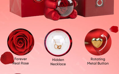 Allidy - Real Eternal Red Rose Teddy Bear Custom Name Necklace Jewelry Set Gift Box Christmas Valentine's Birthday Wedding Gift