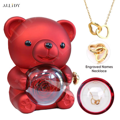 Allidy - Real Eternal Red Rose Teddy Bear Custom Name Necklace Jewelry Set Gift Box Christmas Valentine's Birthday Wedding Gift