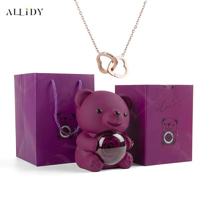 Allidy - Real Eternal Red Rose Teddy Bear Custom Name Necklace Jewelry Set Gift Box Christmas Valentine's Birthday Wedding Gift