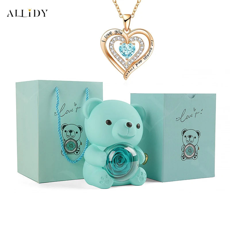 Luxury Red Zircon Pendant Necklaces With Rose Bear Gift Box For Girlfriend Women I Love You Gifts 2024 Trendy Wedding Jewelry