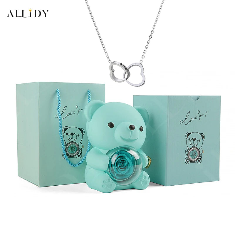 Allidy - Real Eternal Red Rose Teddy Bear Custom Name Necklace Jewelry Set Gift Box Christmas Valentine's Birthday Wedding Gift