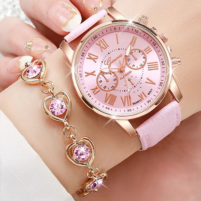 5PCS/Set Fashion Women Watch Rhinestone Heart Jewelry Set Geneva Watch Casual Leather Band Quartz Wristwatch（Without Box）