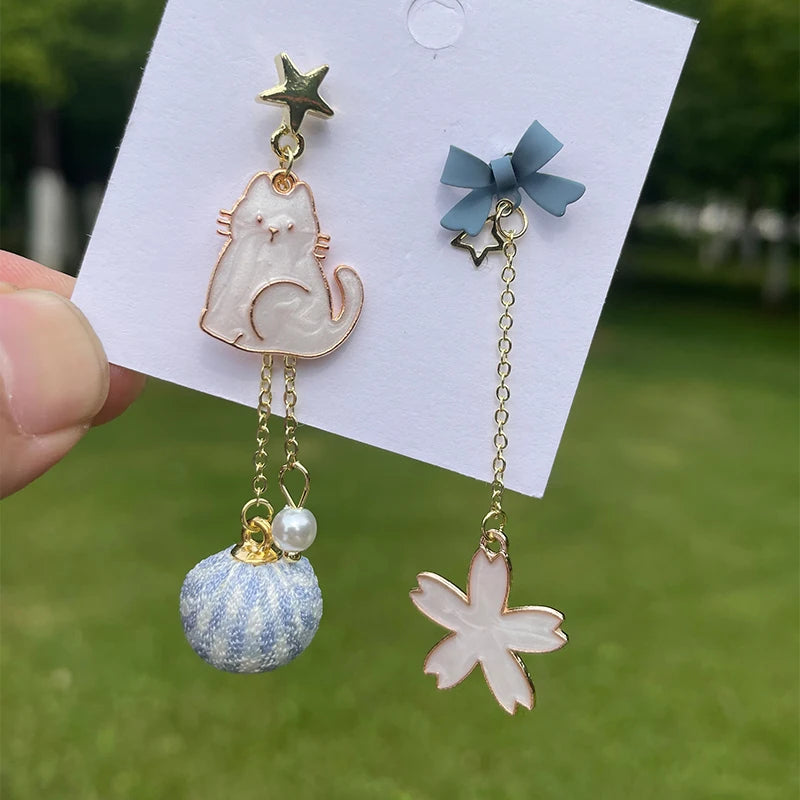 New Trend Blue Flower Dangle Earrings For Women Cute Animal Cat Rabbit Elephant Asymmetrical Earring Girls Party Jewelry Gifts