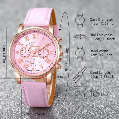 5PCS/Set Fashion Women Watch Rhinestone Heart Jewelry Set Geneva Watch Casual Leather Band Quartz Wristwatch（Without Box）