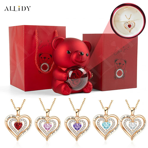 Luxury Red Zircon Pendant Necklaces With Rose Bear Gift Box For Girlfriend Women I Love You Gifts 2024 Trendy Wedding Jewelry