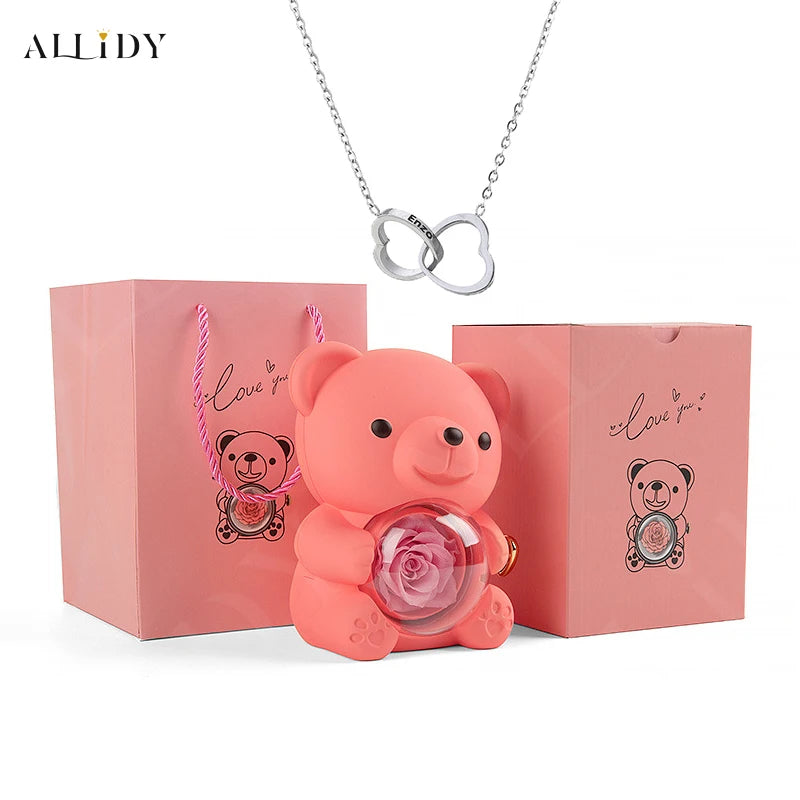 Allidy - Real Eternal Red Rose Teddy Bear Custom Name Necklace Jewelry Set Gift Box Christmas Valentine's Birthday Wedding Gift