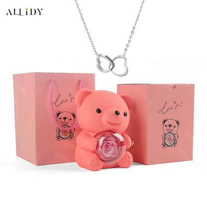 Allidy - Real Eternal Red Rose Teddy Bear Custom Name Necklace Jewelry Set Gift Box Christmas Valentine's Birthday Wedding Gift