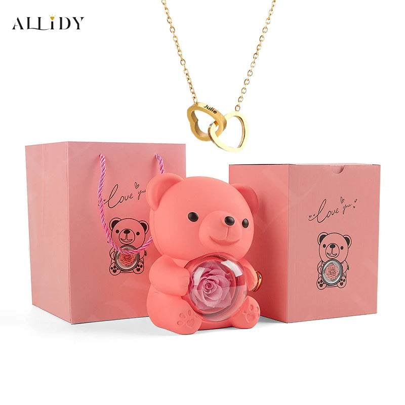 Allidy - Real Eternal Red Rose Teddy Bear Custom Name Necklace Jewelry Set Gift Box Christmas Valentine's Birthday Wedding Gift