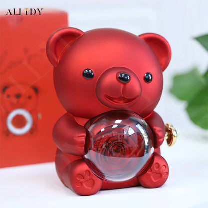 Allidy - Real Eternal Red Rose Teddy Bear Custom Name Necklace Jewelry Set Gift Box Christmas Valentine's Birthday Wedding Gift